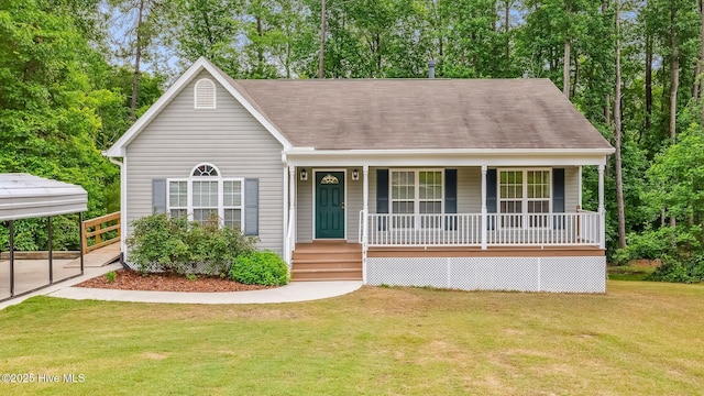 149 Edinburgh Dr, Carthage, NC 28327 - view of front facade with a porch, a front yard, and a shingled roof