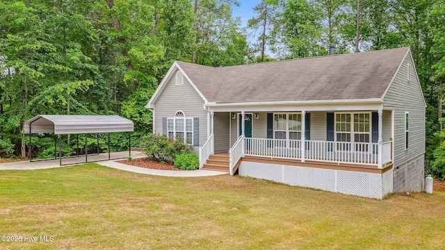 149 Edinburgh Dr, Carthage, NC 28327 - view of front of house with a porch, a detached carport, roof with shingles, and a front yard