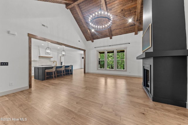 499 Longleaf Dr, West End, NC 27376 - living room featuring a chandelier, high vaulted ceiling, wood ceiling with exposed beams, a fireplace, and light wood-type flooring