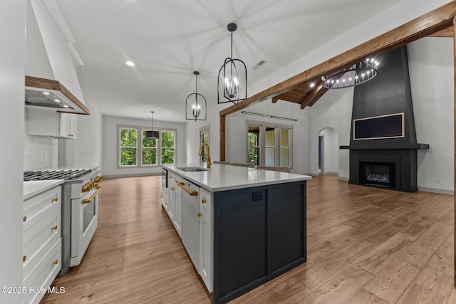 499 Longleaf Dr, West End, NC 27376 - kitchen featuring white appliances, a sink, custom range hood, arched walkways, and open floor plan