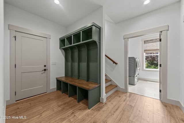 499 Longleaf Dr, West End, NC 27376 - mudroom featuring washer / dryer, light wood finished floors, recessed lighting, and baseboards
