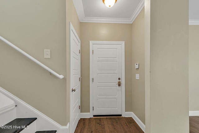 472 Landsdowne Cir, Hampstead, NC 28443 - doorway to outside featuring dark wood finished floors, ornamental molding, stairs, and baseboards