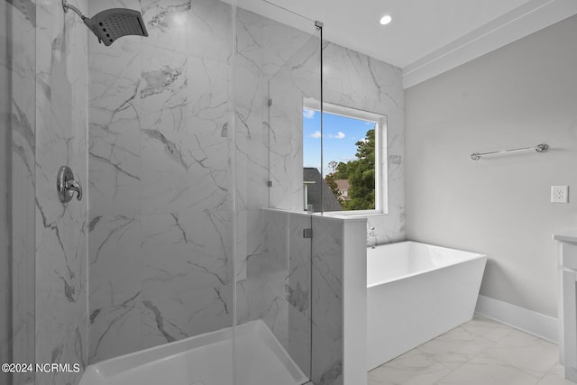 505 N Shore Dr, Sneads Ferry, NC 28460 - full bath featuring a marble finish shower, a freestanding bath, marble finish floors, and recessed lighting