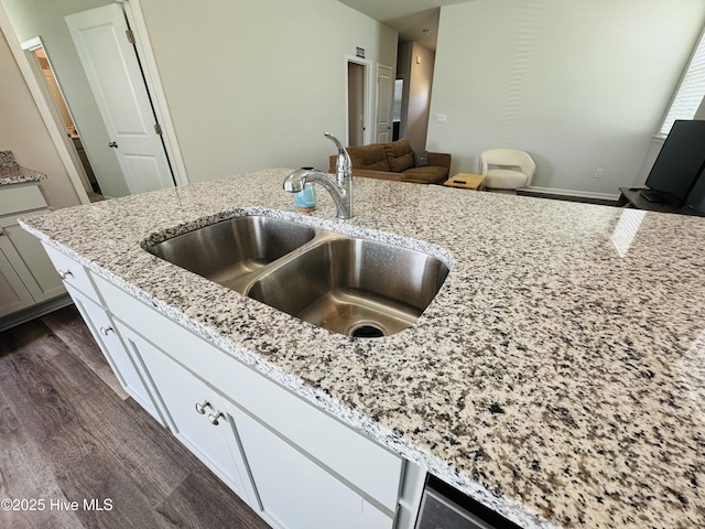 18 Landward Way, Wilmington, NC 28411 - kitchen view of a sink, light stone counters, and dark wood-style floors