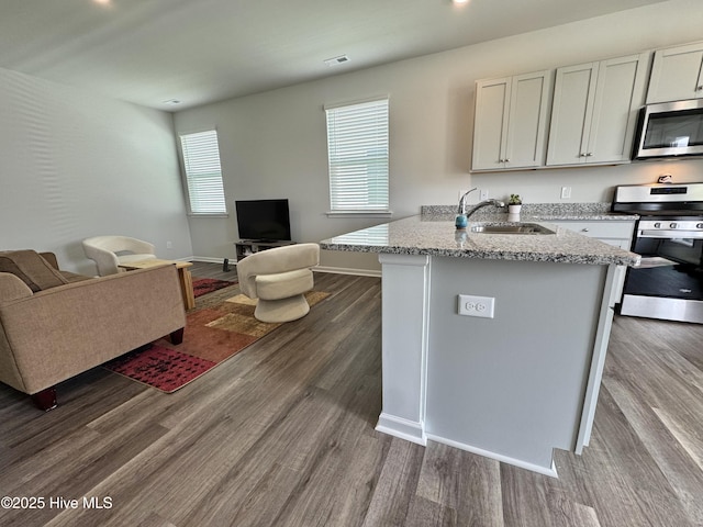 18 Landward Way, Wilmington, NC 28411 - kitchen featuring stainless steel appliances, a sink, open floor plan, dark wood finished floors, and light stone counters