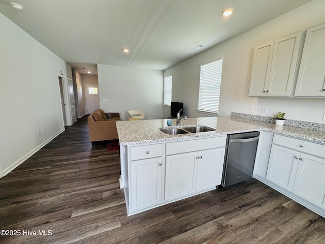 18 Landward Way, Wilmington, NC 28411 - kitchen featuring stainless steel dishwasher, a sink, a peninsula, dark wood finished floors, and recessed lighting