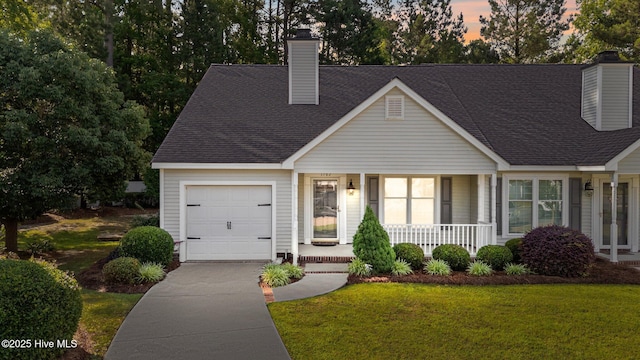 3782 Loblolly Dr, Rocky Mount, NC 27804 - view of front of property featuring a chimney, covered porch, an attached garage, a lawn, and concrete driveway