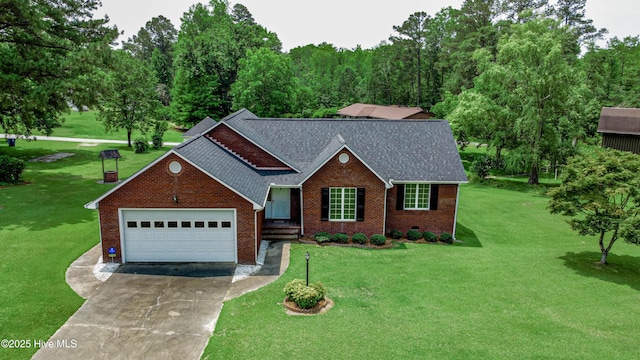 103 Loblolly Dr, Plymouth, NC 27962 - view of front of property with driveway, brick siding, an attached garage, a front yard, and a shingled roof