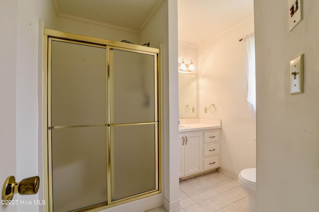 103 Loblolly Dr, Plymouth, NC 27962 - full bathroom with vanity, a shower stall, ornamental molding, toilet, and tile patterned flooring