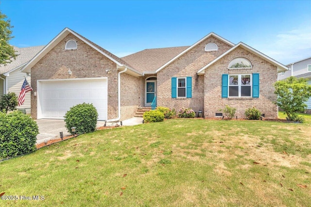 734 Sloop Pointe Ln, Kure Beach, NC 28449 - ranch-style house with brick siding, a garage, a front lawn, and driveway