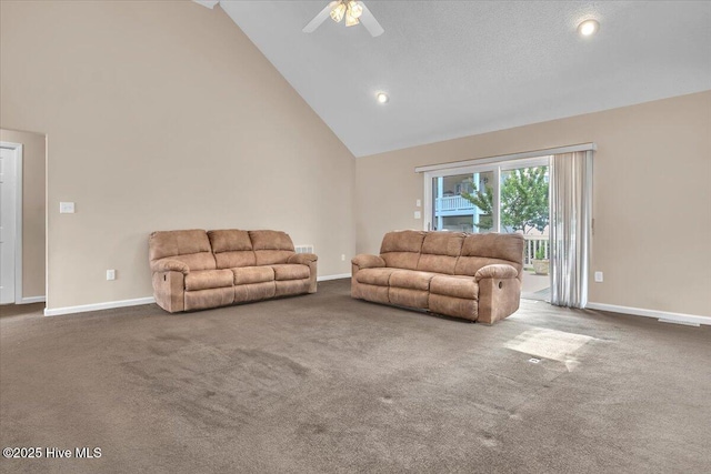 734 Sloop Pointe Ln, Kure Beach, NC 28449 - carpeted living room with high vaulted ceiling, a ceiling fan, baseboards, and recessed lighting