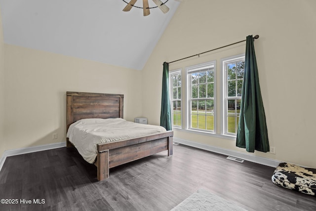 120 Ruby Rd, Goldsboro, NC 27534 - bedroom featuring wood finished floors, baseboards, high vaulted ceiling, and a ceiling fan