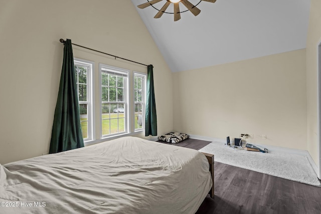 120 Ruby Rd, Goldsboro, NC 27534 - bedroom with baseboards, dark wood-type flooring, a ceiling fan, and high vaulted ceiling