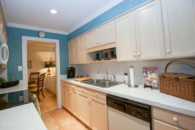 190 Palmetto Rd Unit 20, Pinehurst, NC 28374 - kitchen featuring white dishwasher, a sink, light tile patterned floors, crown molding, and range with electric stovetop