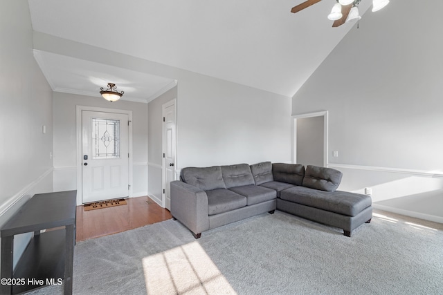 202 Brookside Way, Pikeville, NC 27863 - living area featuring carpet, a ceiling fan, baseboards, ornamental molding, and vaulted ceiling