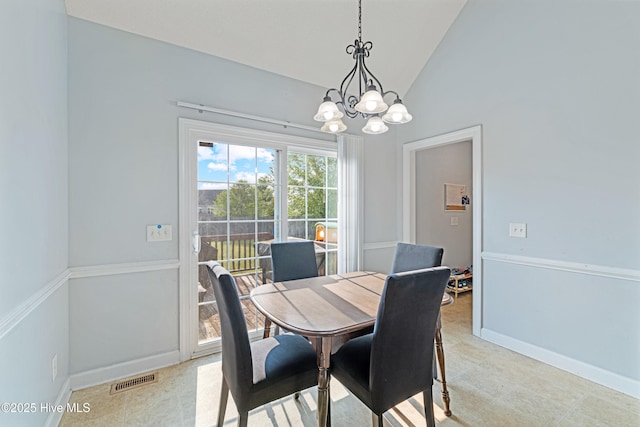 202 Brookside Way, Pikeville, NC 27863 - dining room featuring a chandelier, baseboards, and high vaulted ceiling