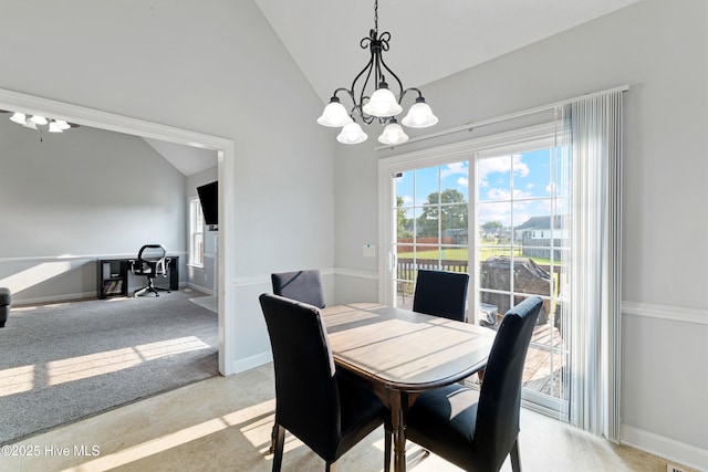 202 Brookside Way, Pikeville, NC 27863 - dining space featuring a chandelier, baseboards, light carpet, and high vaulted ceiling