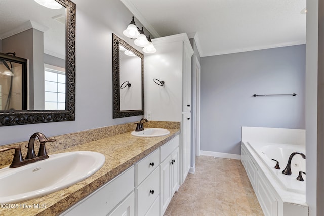 202 Brookside Way, Pikeville, NC 27863 - bathroom with ornamental molding, double vanity, a garden tub, and baseboards