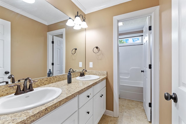 202 Brookside Way, Pikeville, NC 27863 - bathroom featuring double vanity, crown molding, baseboards, and tile patterned flooring