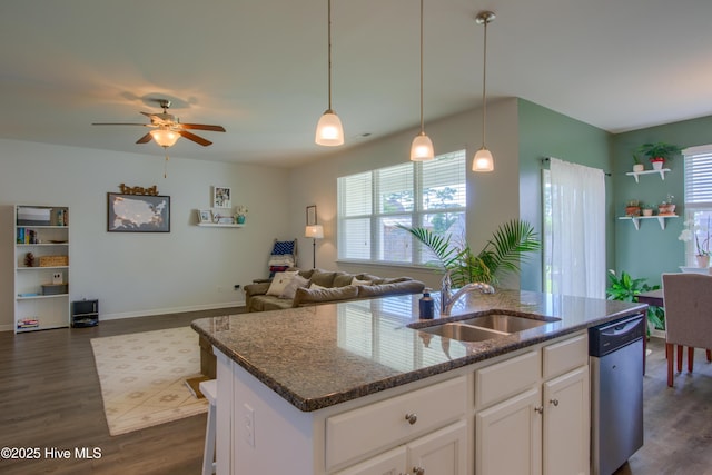 402 Saxby Way, Holly Ridge, NC 28445 - kitchen with dishwasher, a sink, open floor plan, and dark wood-style flooring