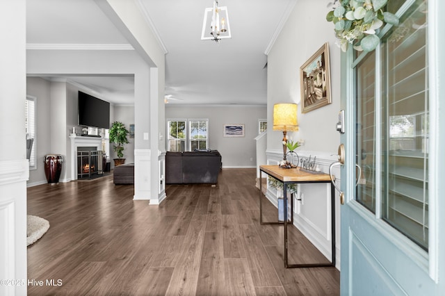 97 Violetear Rdg, Hampstead, NC 28443 - entryway with wood finished floors, crown molding, a warm lit fireplace, a ceiling fan, and baseboards