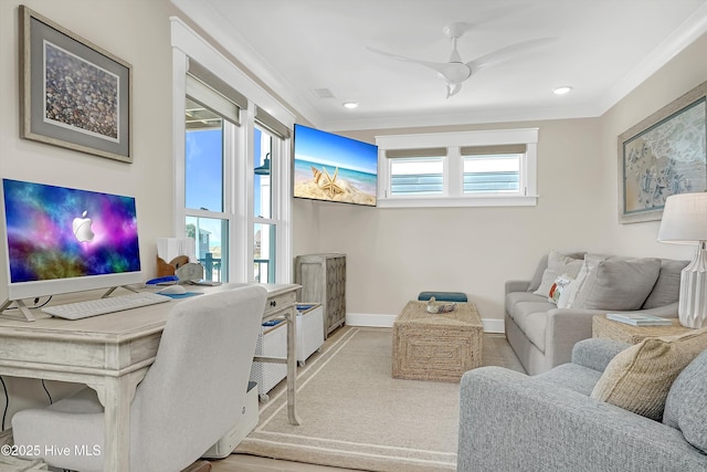 4920 E Beach Dr, Oak Island, NC 28465 - living area with ornamental molding, a ceiling fan, a desk, baseboards, and recessed lighting