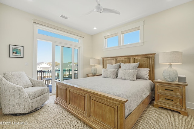 4920 E Beach Dr, Oak Island, NC 28465 - bedroom with access to exterior, recessed lighting, a ceiling fan, and baseboards