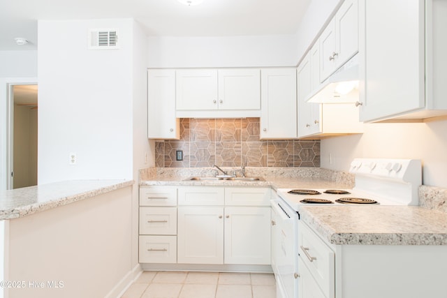 2525 Flint Dr, Wilmington, NC 28401 - kitchen featuring white range with electric stovetop, under cabinet range hood, a sink, decorative backsplash, and white cabinets