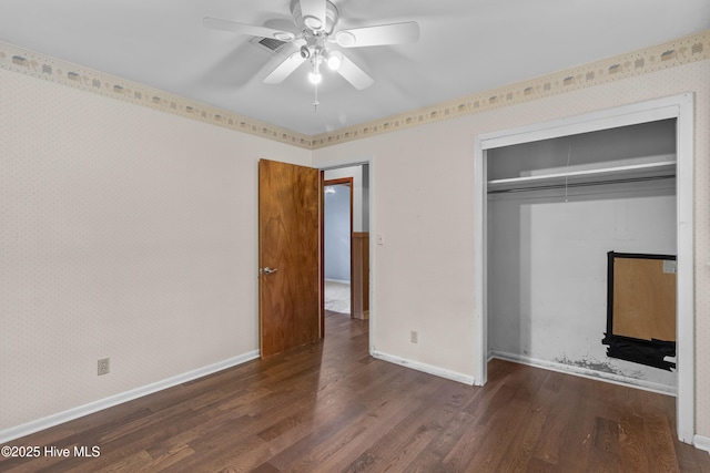 350 Toulon Dr, Wilmington, NC 28405 - unfurnished bedroom with wood finished floors, a closet, ceiling fan, and wallpapered walls