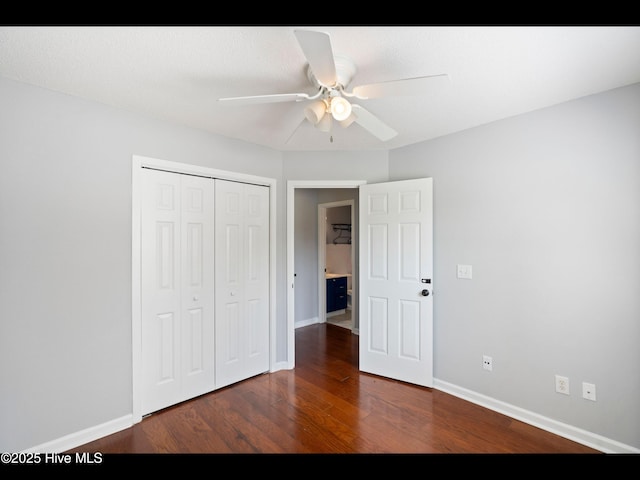 406 Endicott Ct, Wilmington, NC 28411 - unfurnished bedroom with wood finished floors, a closet, baseboards, and a ceiling fan