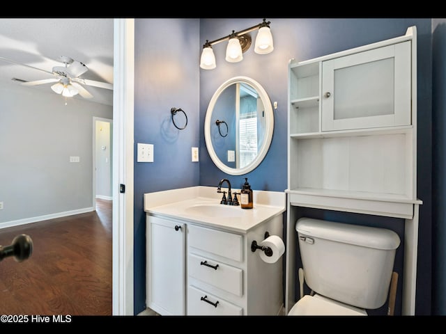 406 Endicott Ct, Wilmington, NC 28411 - bathroom with a ceiling fan, wood finished floors, vanity, toilet, and baseboards