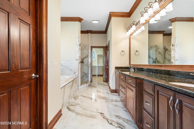 6424 River Vista Dr, Wilmington, NC 28412 - full bath featuring crown molding, marble tiled flooring, double vanity, a marble finish shower, and a garden tub