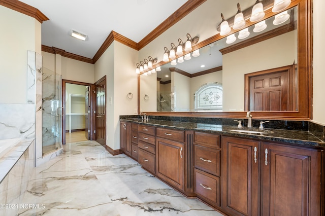 6424 River Vista Dr, Wilmington, NC 28412 - bathroom with ornamental molding, a marble finish shower, double vanity, and marble tiled flooring