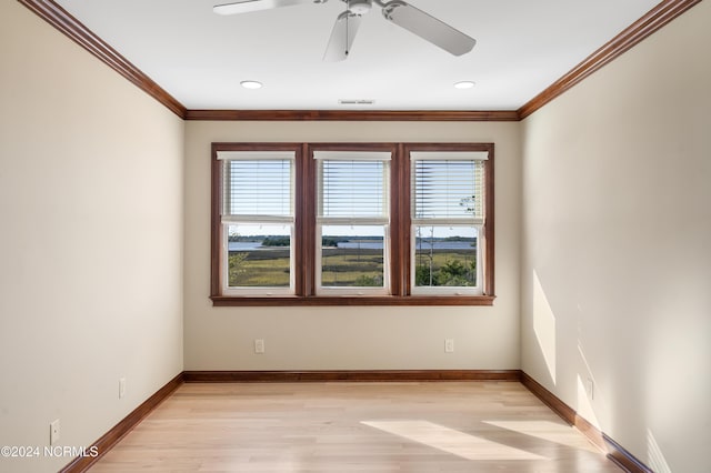 6424 River Vista Dr, Wilmington, NC 28412 - spare room with ornamental molding, baseboards, light wood finished floors, ceiling fan, and recessed lighting