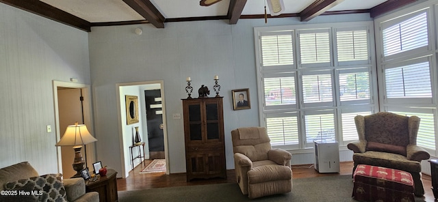 301 Graham St, Clinton, NC 28328 - living area with wood finished floors, ceiling fan, beam ceiling, healthy amount of natural light, and a towering ceiling