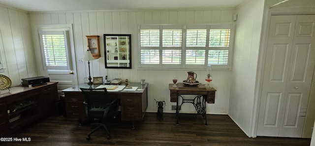 301 Graham St, Clinton, NC 28328 - home office featuring dark wood-style floors, ornamental molding, wood walls, and baseboards