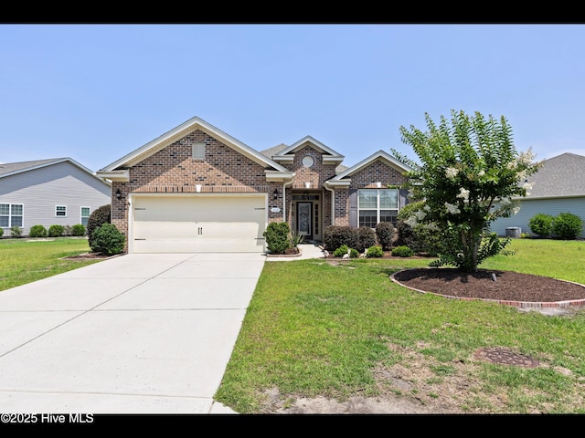 1232 Fence Post Ln, Carolina Shores, NC 28467 - view of front of property with a garage, brick siding, concrete driveway, and a front yard
