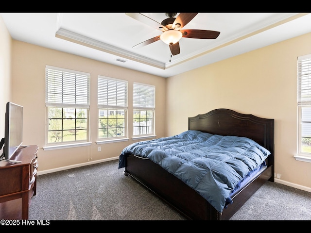 1232 Fence Post Ln, Carolina Shores, NC 28467 - carpeted bedroom with a raised ceiling, multiple windows, baseboards, and crown molding