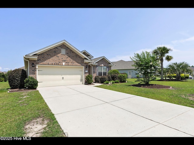 1232 Fence Post Ln, Carolina Shores, NC 28467 - view of front of house with brick siding, an attached garage, a front yard, and driveway