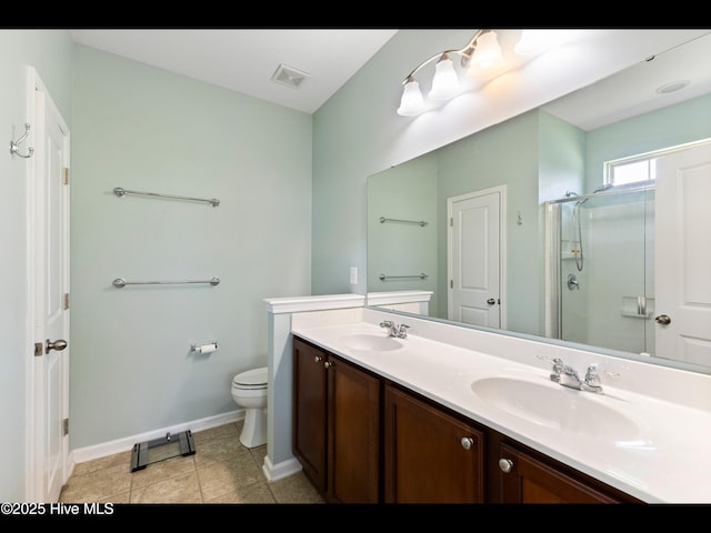 1232 Fence Post Ln, Carolina Shores, NC 28467 - full bathroom featuring a shower stall, double vanity, baseboards, toilet, and tile patterned flooring