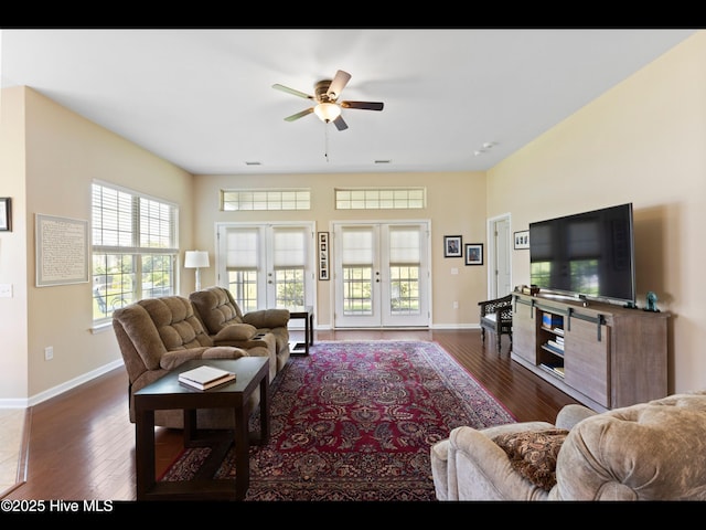 1232 Fence Post Ln, Carolina Shores, NC 28467 - living area with ceiling fan, french doors, baseboards, and dark wood-type flooring