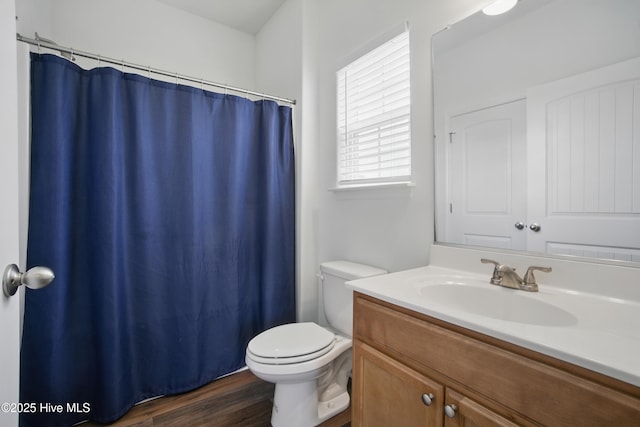 122 Mill Run Loop, South Mills, NC 27976 - bathroom with vanity, toilet, wood finished floors, and curtained shower