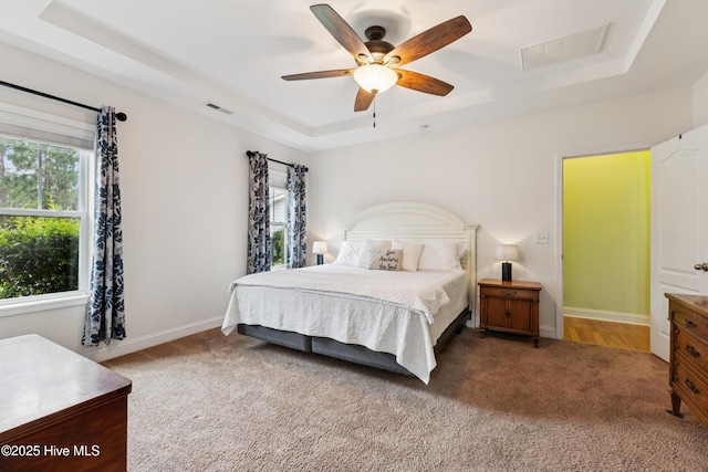 6005 Otter Tail Trl, Wilmington, NC 28412 - bedroom featuring a tray ceiling, carpet flooring, multiple windows, and ceiling fan