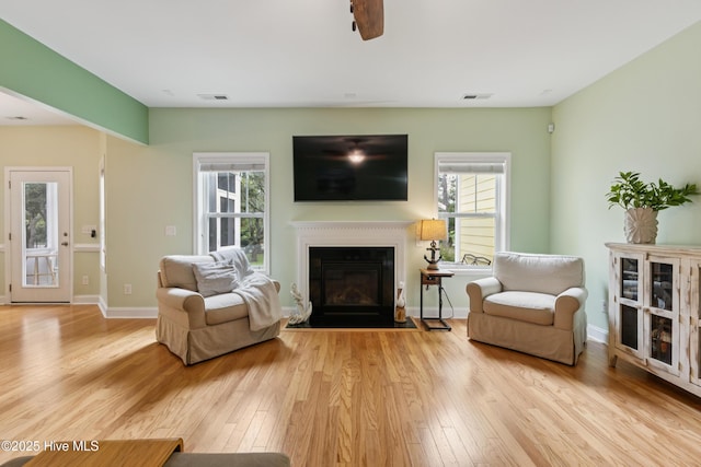 6005 Otter Tail Trl, Wilmington, NC 28412 - living room featuring light wood-type flooring, a glass covered fireplace, and ceiling fan