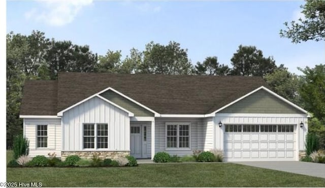 2412 Starling Ln, New Bern, NC 28562 - view of front of property featuring board and batten siding, an attached garage, driveway, a front lawn, and stone siding