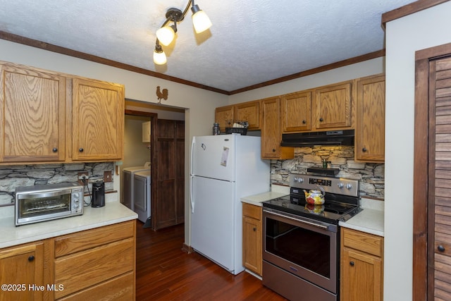 108 Western Trl, Carthage, NC 28327 - kitchen featuring stainless steel range with electric cooktop, extractor fan, freestanding refrigerator, decorative backsplash, and a textured ceiling