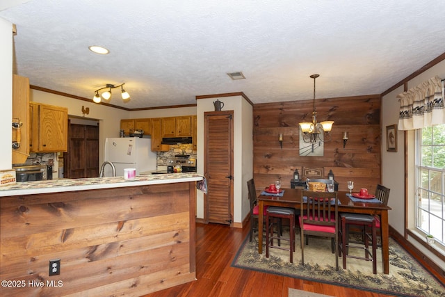 108 Western Trl, Carthage, NC 28327 - kitchen featuring freestanding refrigerator, under cabinet range hood, ornamental molding, dark wood finished floors, and a peninsula