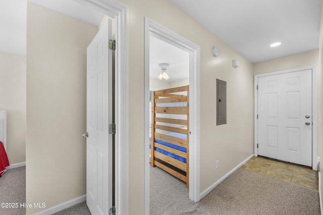 517 N Shore Dr, Surf City, NC 28445 - hall featuring carpet floors, baseboards, electric panel, and recessed lighting