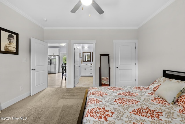 452 Crows Nest Ln, Sneads Ferry, NC 28460 - bedroom with stainless steel fridge with ice dispenser, crown molding, light carpet, baseboards, and ceiling fan