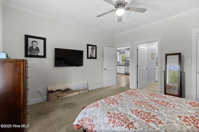 452 Crows Nest Ln, Sneads Ferry, NC 28460 - bedroom with light carpet, ornamental molding, baseboards, stainless steel fridge with ice dispenser, and a ceiling fan